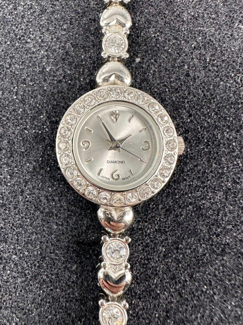 Rhinestone Heart Band Watch Silver Tone Round Dainty Bling New Battery 7"